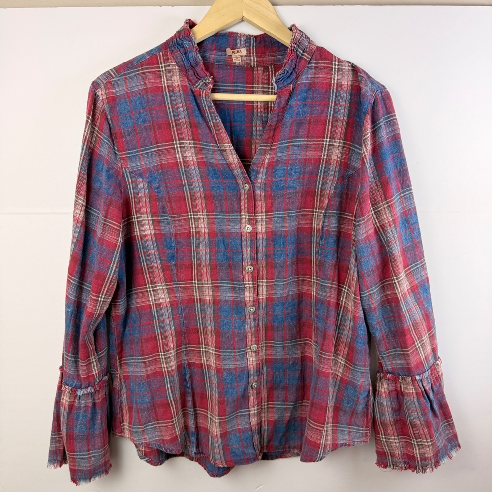 Reba Womens Large Plaid Blouse Ruffle Bell Sleeve Western Boho 100% Cotton